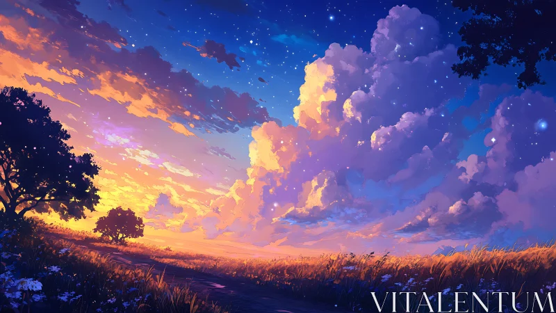 Twilight meadow road beneath star-kissed storytelling clouds.