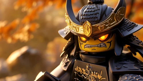 LEGO-style armored warrior minifigure is rendered in close-up view