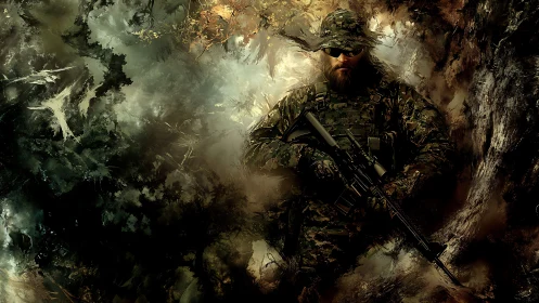 Camouflaged tactical sniper emerging from abstract forest haze