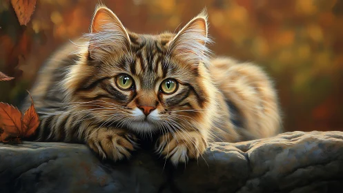 Striking Tabby Cat with Green Eyes Against Autumnal Backdrop