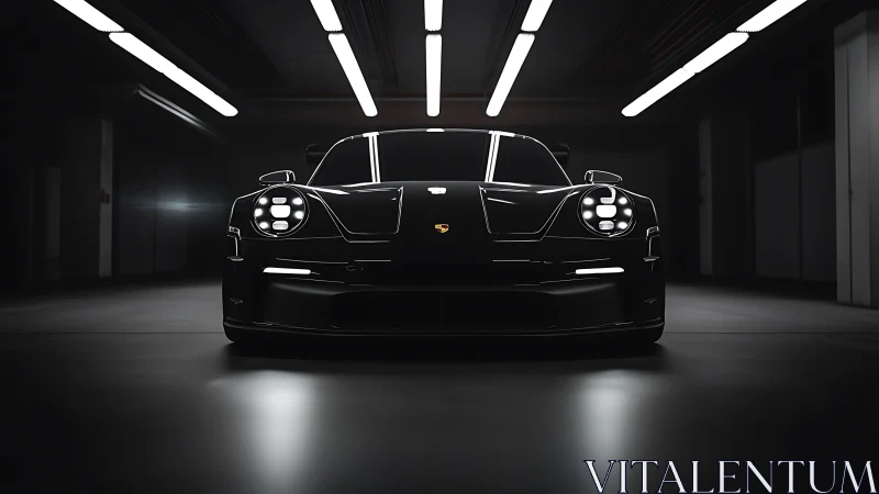 Black sports coupe under dramatic strip lighting in garage.