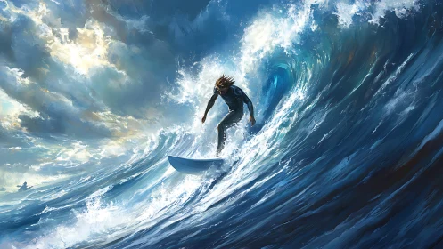 Surfer rides a towering ocean wave under glowing storm skies