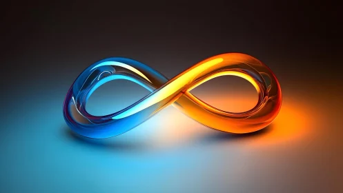 Vibrant Glass Infinity Symbol in Blue and Orange on Dark Background.