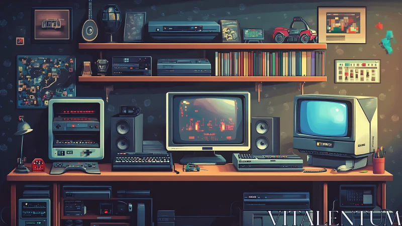 Retro computer workstation packed with vintage electronics.