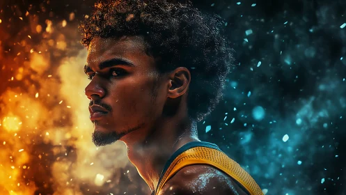 Fiery and icy contrast frames focused basketball player.