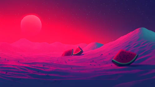 Neon desert landscape with surreal giant watermelon slices.