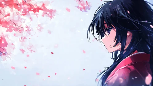 Side-profile anime girl under soft-focus drifting sakura petals