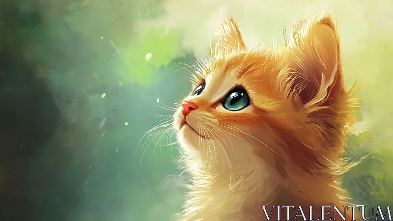 Golden Kitten with Luminous Green Eyes Gazing Upward