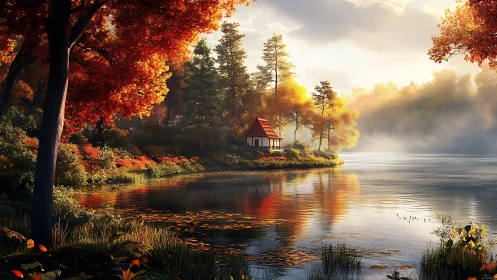 Cozy lakeside cabin glowing amid peaceful autumn woods.