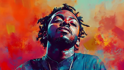 Bold digital portrait radiates confidence in fiery color storm.