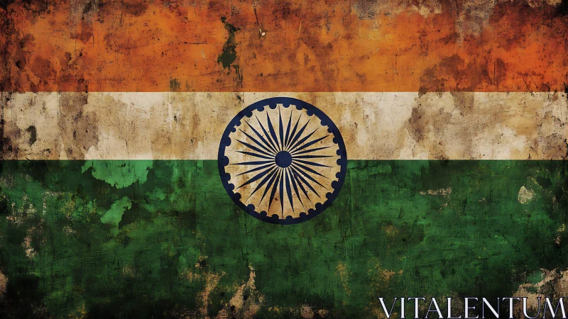 Weathered Indian tricolor flag with bold central Ashoka Chakra.