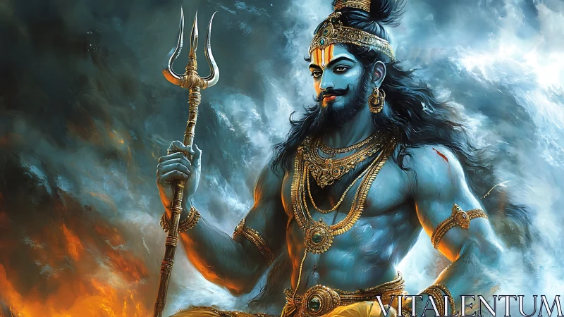 Blue-skinned warrior deity holding trident in storm.
