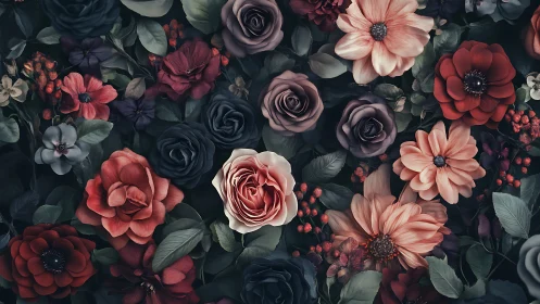 Dark Floral Arrangement: Roses, Dahlias and Botanical Foliage.