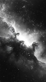 Monochrome interstellar gas cloud with scattered star field.