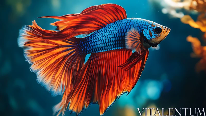 Vibrant blue betta fish with flowing orange fins underwater.