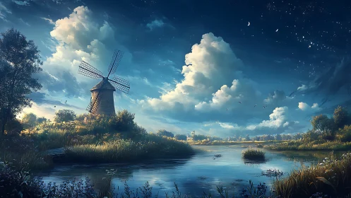 Nocturnal riverside windmill under cumulus cloudscape panorama
