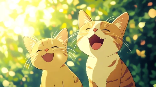 Two joyful orange cats laughing together in sunlit garden environment.