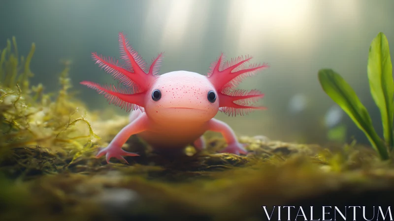Pink axolotl wanderer with coral crown in hazy shallows.