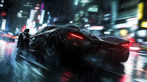 Black hypercar accelerates through wet neon city streets