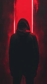 Hooded silhouette before neon red portal in dense haze.