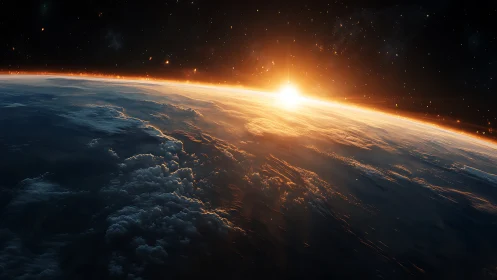 Sunrise over Earth’s limb with cloud formations in orbit.