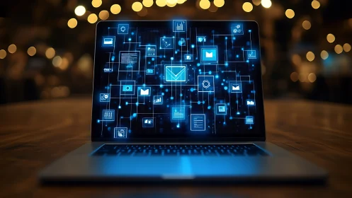 Laptop screen displays luminous data network interface in bokeh