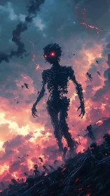 Colossal ember-eyed wraith rising through burning clouds.