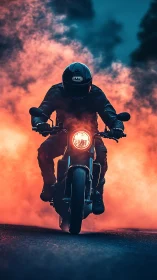 Motorcyclist in dark gear rides through orange smoke at night.