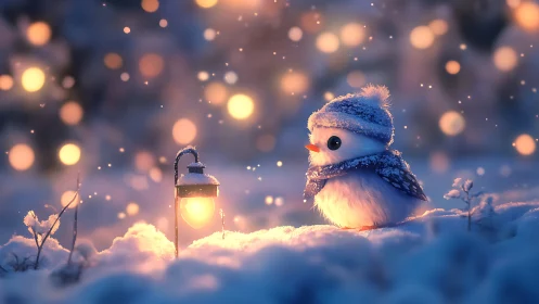 Fluffy winter bird studies warm lantern light in snowy dusk