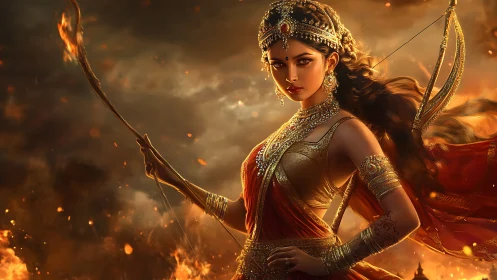 Warrior goddess stands in blazing inferno with drawn bow.