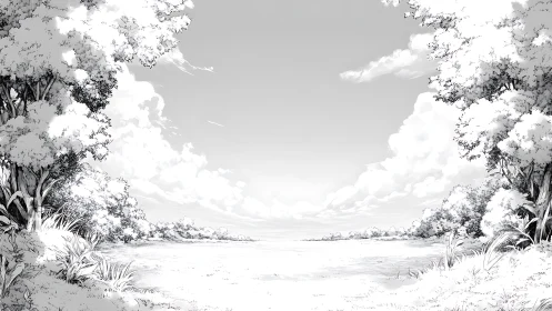 Calm monochrome landscape with trees framing open field.