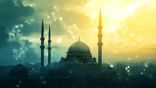 Golden dusk over a tranquil mosque skyline at prayer.