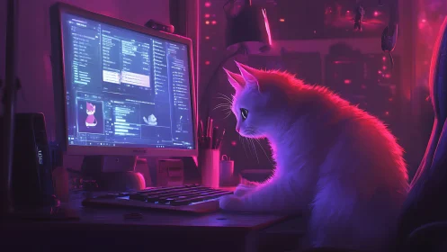 White cat codes at neon-lit desktop in cozy night studio