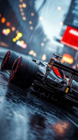 Formula race car on wet city street in heavy rain.