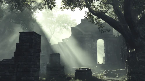 Volumetric sunbeams cut through overgrown stone ruins at dawn