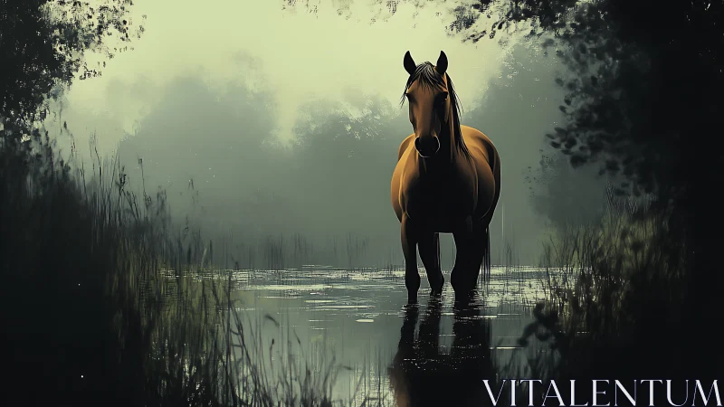 Chestnut horse standing in misty reflective woodland water.