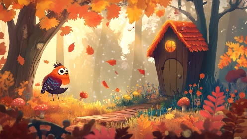 Whimsical autumn forest scene with bird and tiny house.