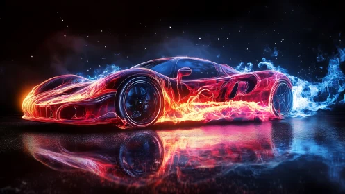 Neon sports car framed by flowing fire and blue smoke.