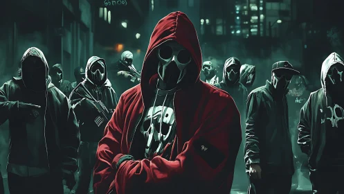 Hooded masked group in urban night alley environment.