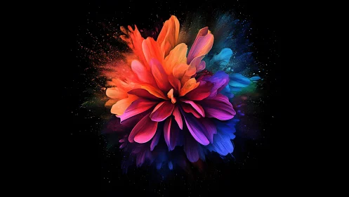 Exploding multicolor flower on black digital art background.