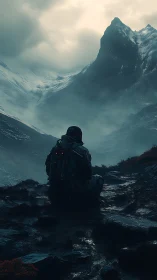 Solitary armored explorer studies misted glacial summit vista