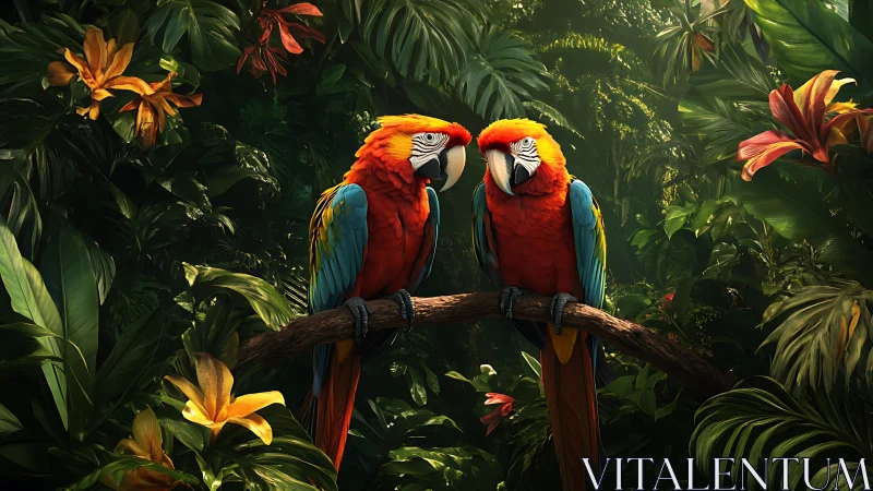 Scarlet macaw pair on branch in dense tropical foliage.