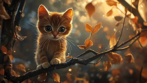 Digitally Rendered Kitten Perched on Branch with Backlit Autumn Foliage