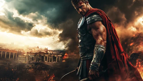 Stoic Roman warrior stands strong over a burning empire.