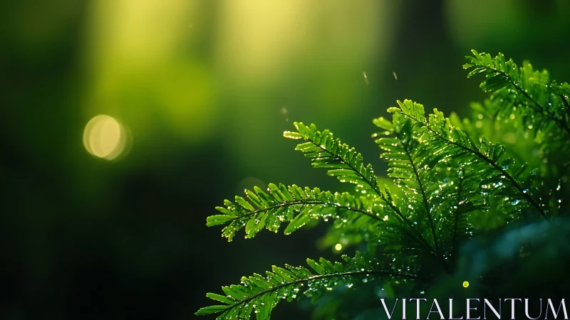 Evergreen Branches Jeweled with Dewdrops in Soft Sunlight