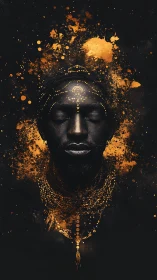 Golden pigment halo envelops meditative black portrait.