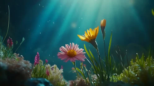 Sunlit wildflowers in soft underwater-style lighting.