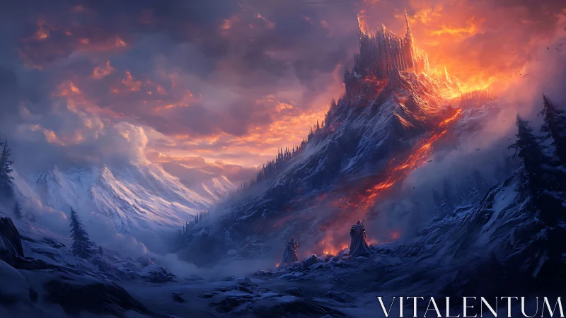 Fiery fortress crowns volcanic peak above frozen valley.