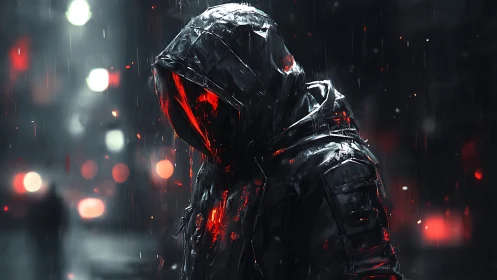 Hooded ember-walker stalks the neon rain-soaked city night