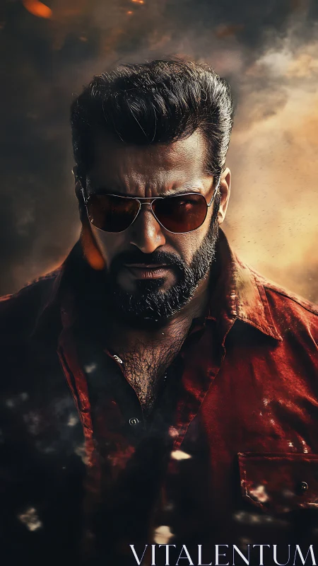 Male subject in red shirt stands against smoky, lit backdrop